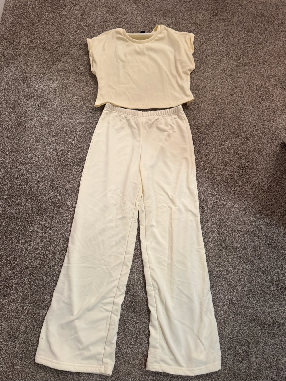 Cream Two-Piece Lounge Set - Short Sleeve Top & Wide Leg Pants